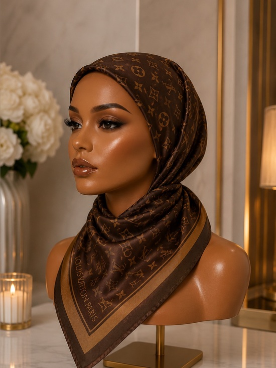 Accessories - Luxury Monogram Silk Hijab Scarf in Brown and Gold